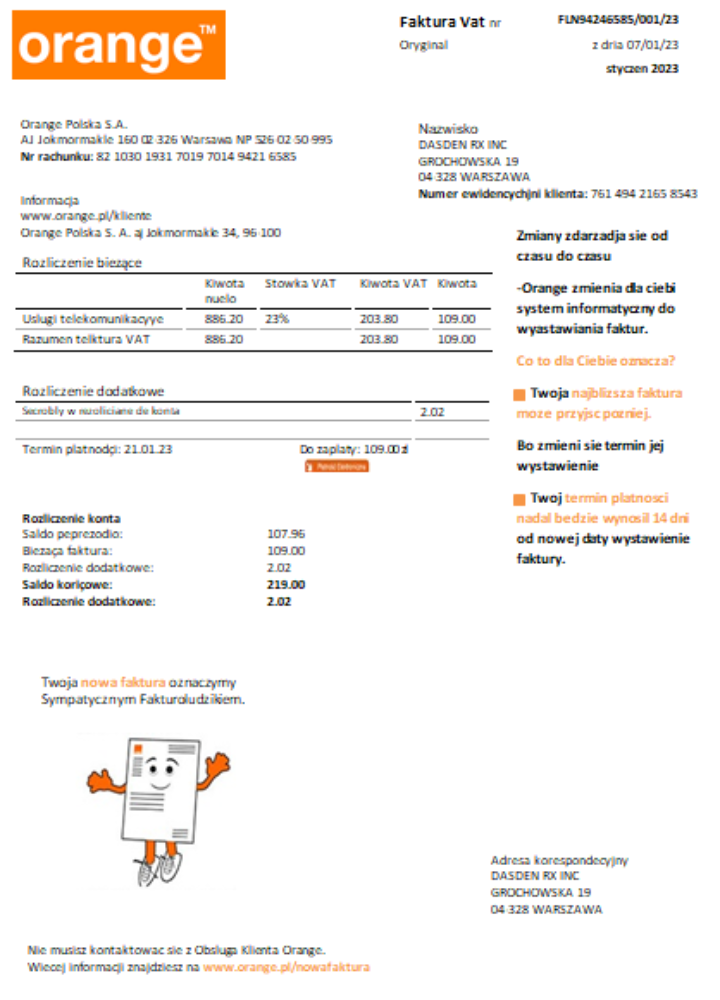 Orange Poland utility business bill SCR PSD template